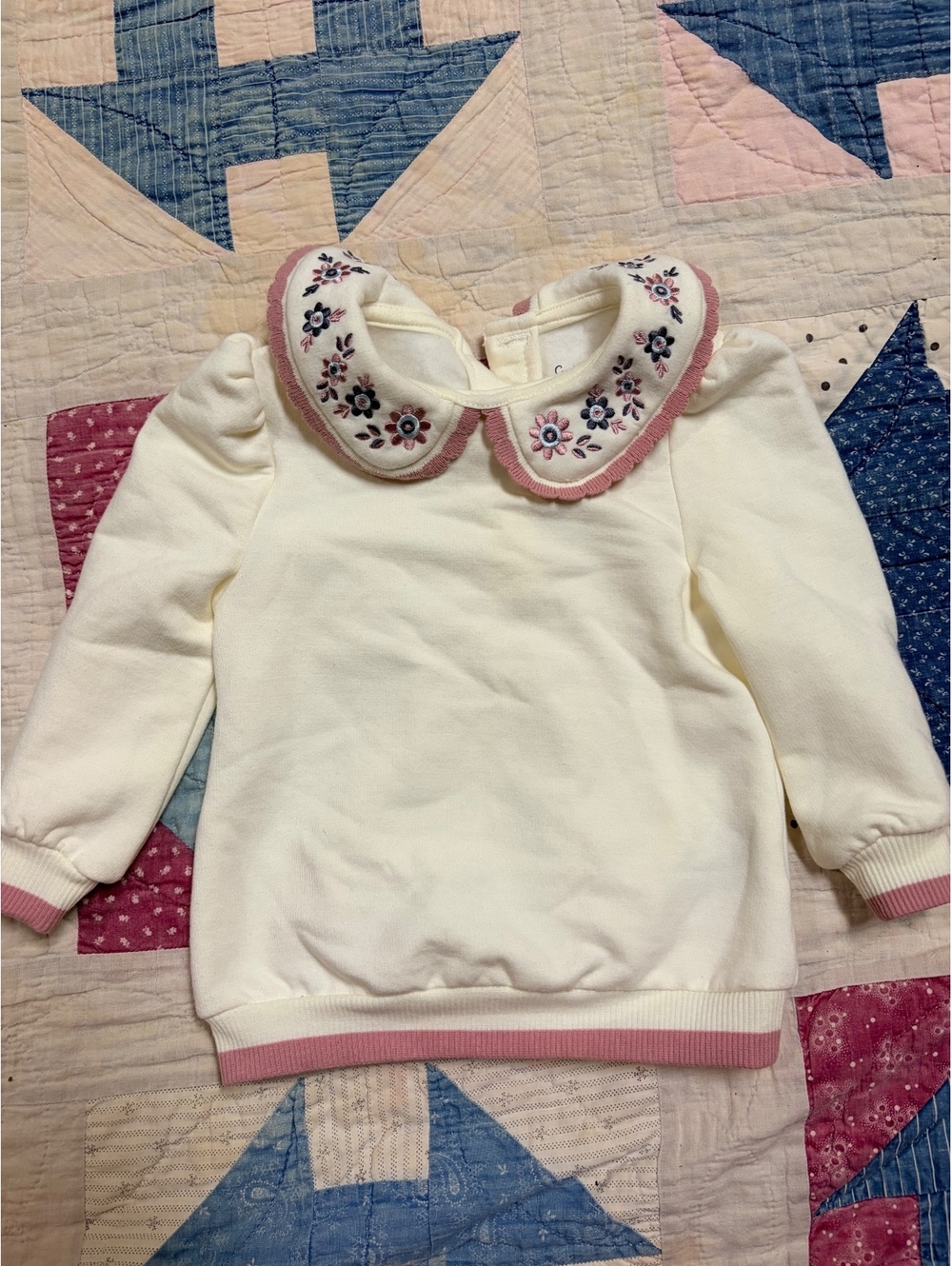 Cynthia Rowley Embroidered Floral Peter Pan Collar Sweatshirt Top Cream Pink